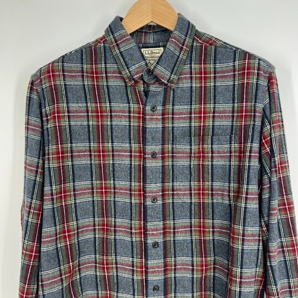 L.L.Bean Mens Traditional Fit Plaid Flannel Button Up Shirt Mens Size M Gray Red - Picture 4 of 11